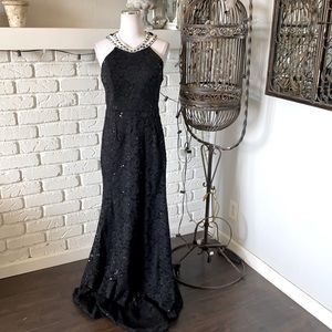 LA SCALA USA BLACK SEQUIN HALTER RHINESTONES FITTED DRESS XL EXCELLENT